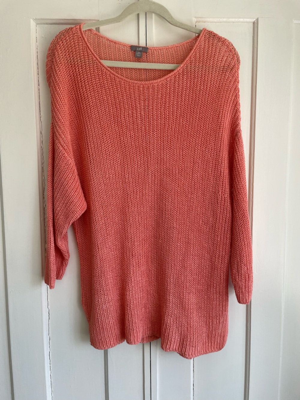J. Jill 2X Coral Pink Open Knit Crewneck Sweater Drop Shoulder Linen Blend
